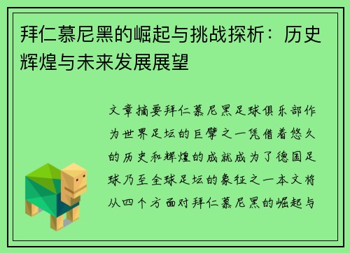 拜仁慕尼黑的崛起与挑战探析：历史辉煌与未来发展展望