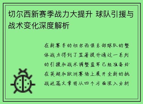 切尔西新赛季战力大提升 球队引援与战术变化深度解析