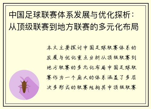 中国足球联赛体系发展与优化探析：从顶级联赛到地方联赛的多元化布局