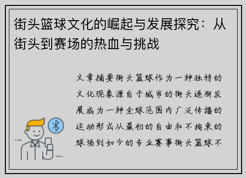 街头篮球文化的崛起与发展探究：从街头到赛场的热血与挑战
