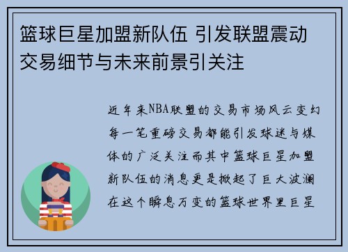 篮球巨星加盟新队伍 引发联盟震动 交易细节与未来前景引关注