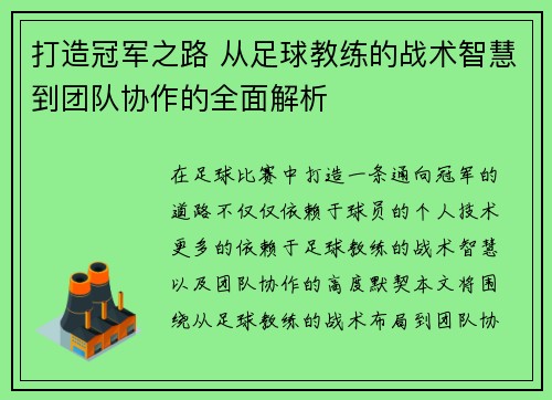 打造冠军之路 从足球教练的战术智慧到团队协作的全面解析