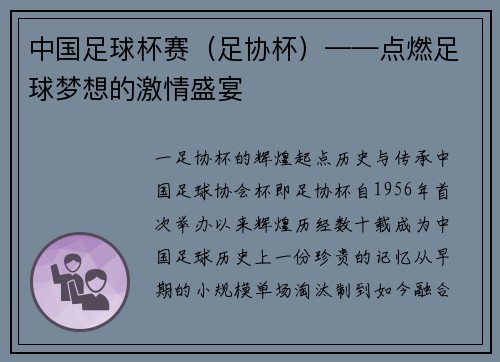 中国足球杯赛（足协杯）——点燃足球梦想的激情盛宴