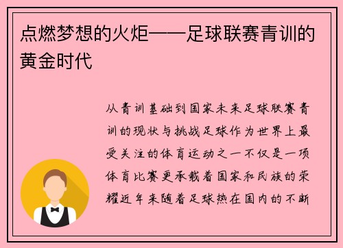 点燃梦想的火炬——足球联赛青训的黄金时代