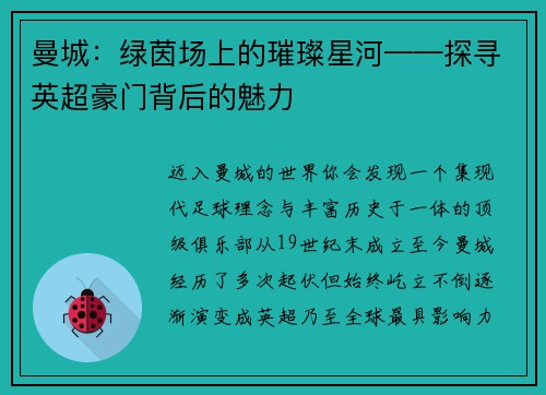 曼城：绿茵场上的璀璨星河——探寻英超豪门背后的魅力