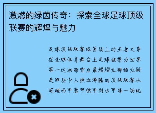 激燃的绿茵传奇：探索全球足球顶级联赛的辉煌与魅力